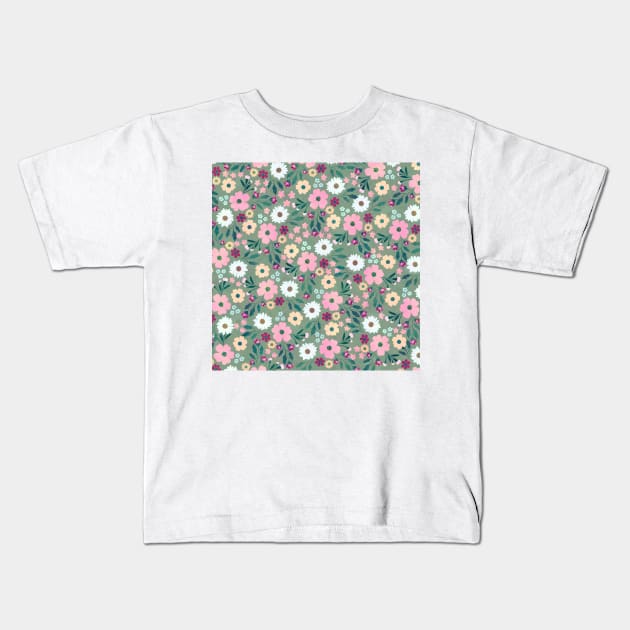 Pink flowers Botanical Green Design Kids T-Shirt by NdesignTrend